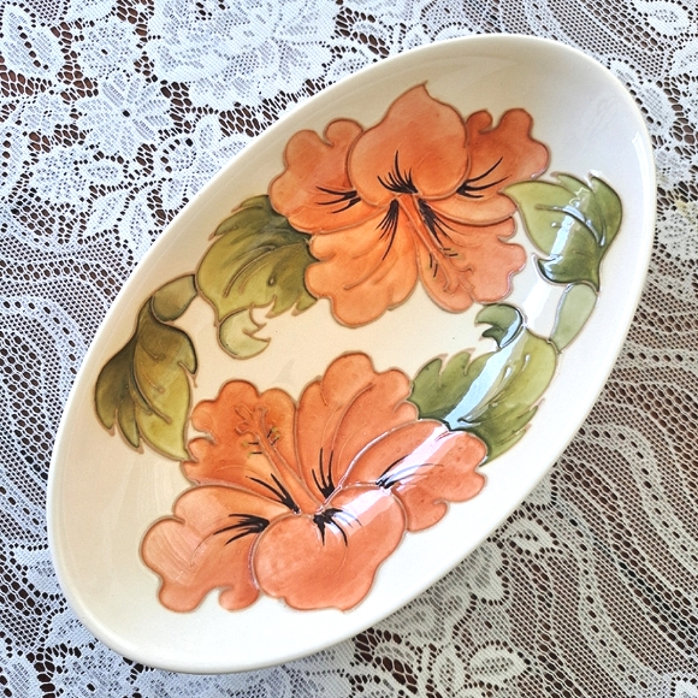 MCM Signed Walter Moorcroft Cream Oval Dish Coral Hibiscus Pattern